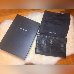 Saint Laurent YSL Large Monogram Quilted Zip Clutch | Black | Full Set
